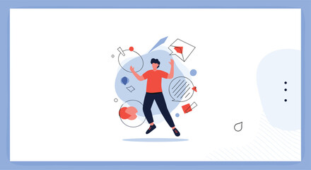 Naklejka premium Happy man jumping in celebration surrounded by various icons of communication and business on a professional landing page concept illustration.