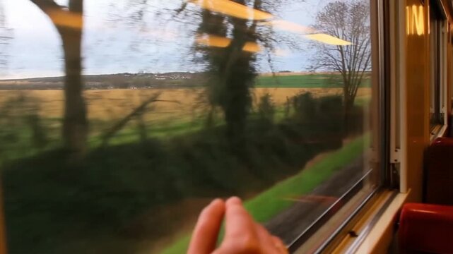 Pov from a train compartment window watching a landscape drift smoothly, with light glints and a reflection of cozy interior on the glass, concept of meditative travel