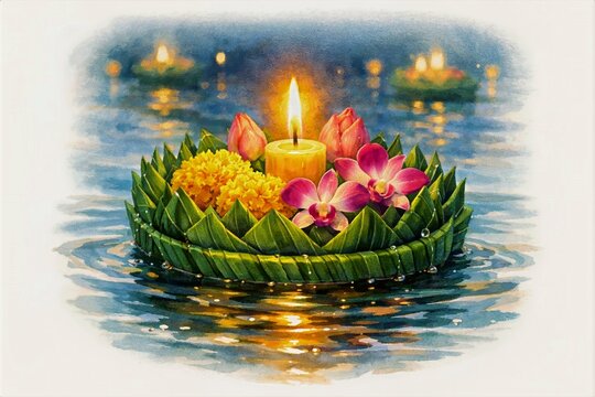 Watercolor Close Up Krathong with Candle and Flowers Floating on Water Night Scene