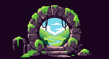Ancient stone archway with lush vegetation on transparent background silhouette © Silpi