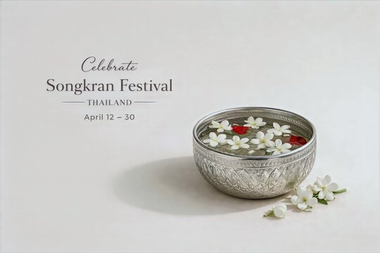 Elegant Minimal Songkran Card with Jasmine and Water Bowl Thailand Festival Invitation