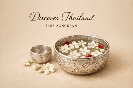 Warm Beige Minimal Songkran Card with Jasmine Discover Thailand Cultural Elegant Style
