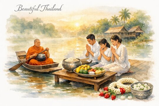 Watercolor Buddhist Almsgiving by River in Thailand Songkran Morning Spiritual Scene