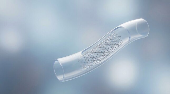 Transparent medical tube with a fine metal mesh stent inside against a blurred light blue background