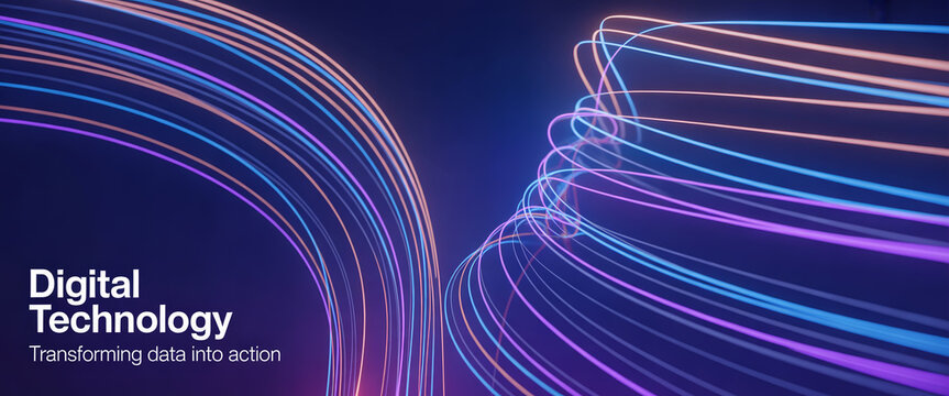 Digital technology concept with parallel glowing neon curves in blue and purple tones