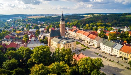 Fototapeta premium Aerial view of a small town with a church and buildings (1)