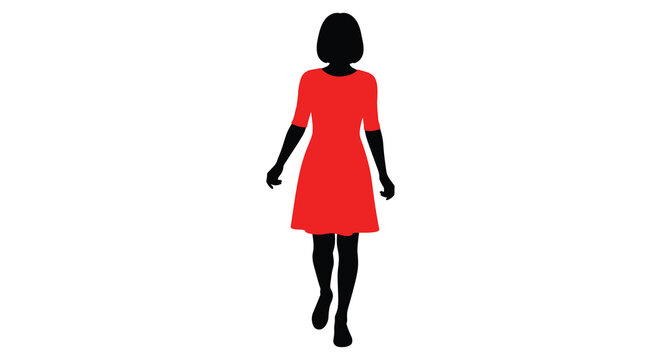 Woman in a red dress facing forward simple black silhouette