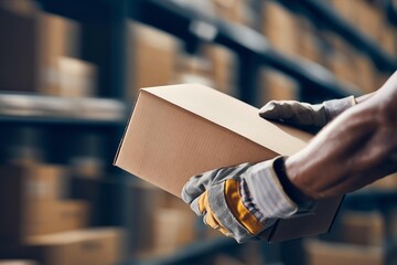 Fototapeta premium Close up of hands in work gloves holding a cardboard box in a warehouse