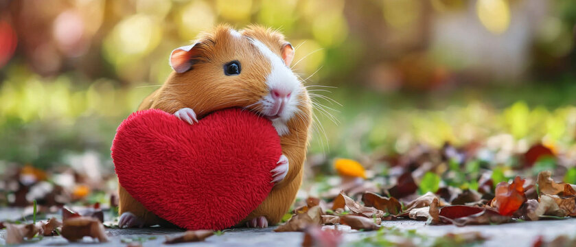 Adorable guinea pig embracing a fuzzy red heart in a sunlit autumn garden with fallen leaves