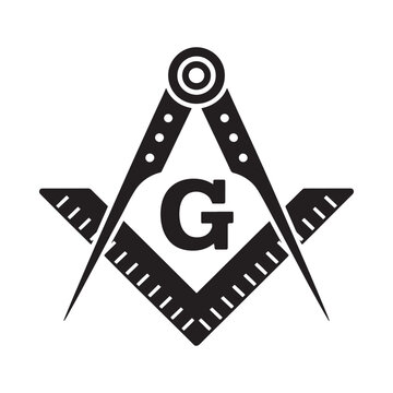 A black and white depiction of a masonic square and compasses with a central g