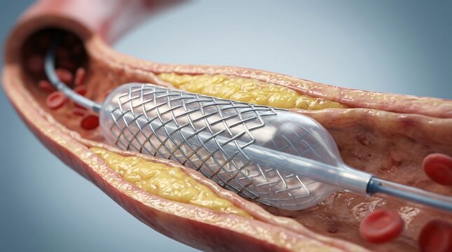 Medical illustration shows angioplasty stent device inside a narrowed artery with plaque buildup