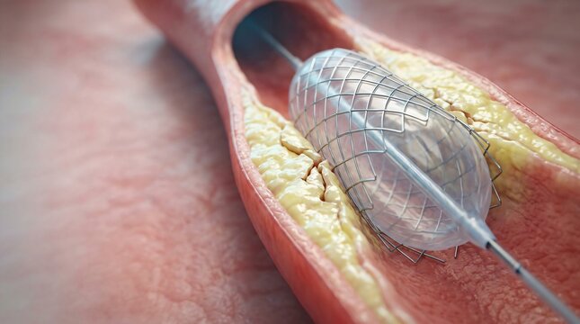Medical visualization of angioplasty balloon catheter within a blocked artery showing plaque buildup