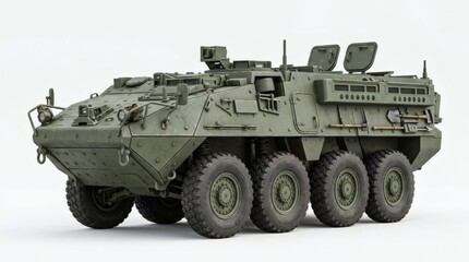 Fototapeta premium Armored Personnel Carrier APC Perspective View Isolated on White Background, Wheeled Military Transport Vehicle with Advanced Defense System