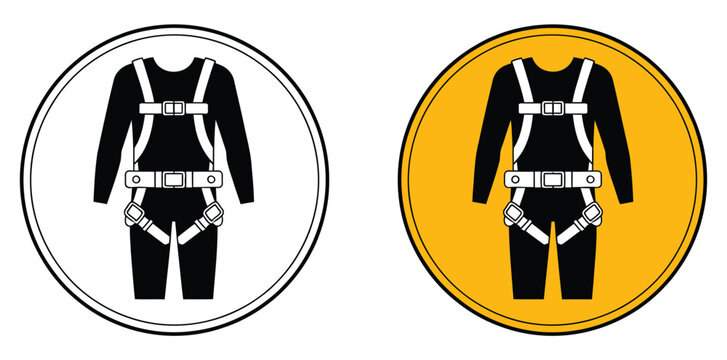 Safety harness mandatory sign icon, PPE requirement symbol, fall arrest system sign, construction and industrial safety icon, warning and compliance design for workplace protection and risk management