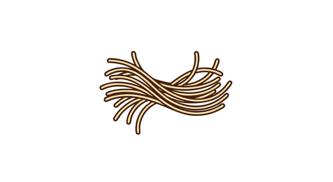 A cartoon illustration of a pile of cooked pasta. The noodles are beige with a brown outline and arranged in a messy, appealing way against a white backdrop
