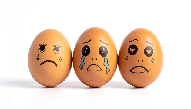 Sad eggs with faces drawn on them, expressing sadness and emotional distress