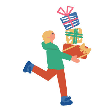 たくさんのプレゼントを持って歩く男性のイラスト