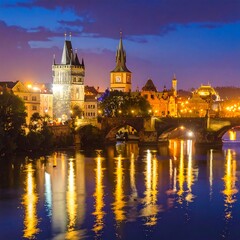 Obraz premium A serene cityscape at dusk with a river and bridge