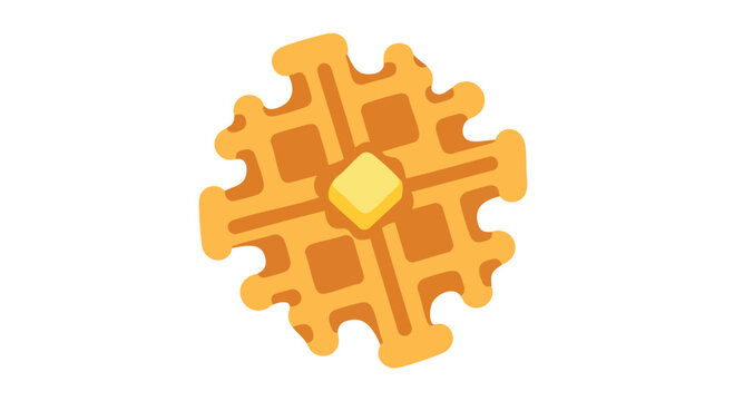 A cartoon-style depiction of a golden-brown waffle with a pat of yellow butter resting in the center. The waffle is on a white background