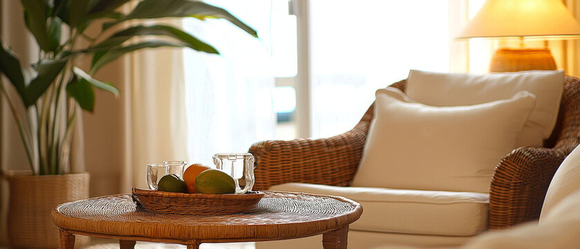 Bright, cozy living space featuring a wicker table with fresh fruit and glasses, a lush plant, and a comfortable armchair