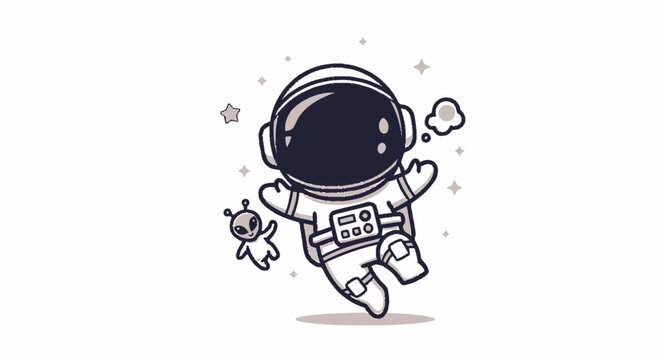 Cute Cartoon Astronaut Floating in Space with Alien Friend.
