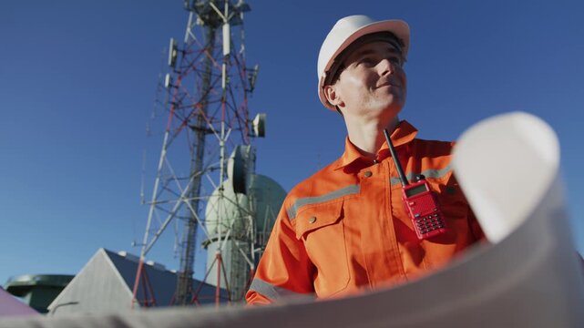 Telecom engineer checking blueprint for 5G network expansion