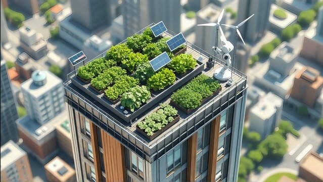 A futuristic rooftop garden on a skyscraper featuring robotic arms, solar panels, wind turbines, and lush organic vegetables. A vision of sustainable urban farming in a high-tech city