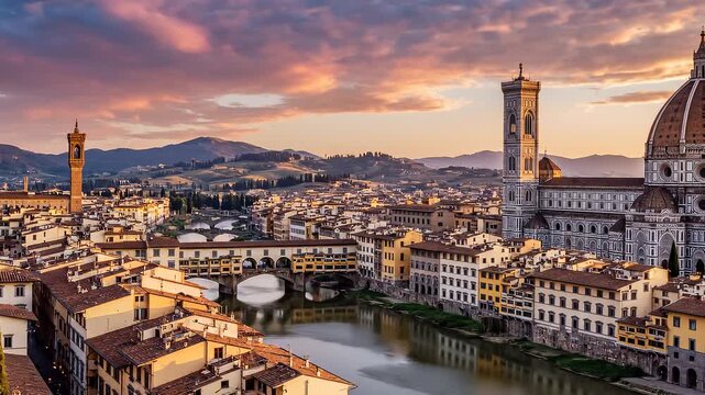 Panoramic high-angle view of Florence, Italy, showcasing the iconic Duomo of Santa Maria del Fiore, Giotto's Bell Tower, and the historic cityscape during the golden hour sunset.