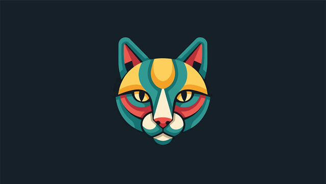 Colorful Geometric Cat Head Illustration on Dark Background.