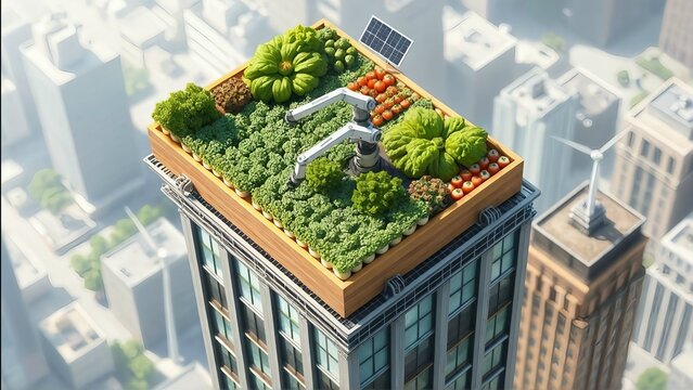 A futuristic rooftop garden on a skyscraper featuring robotic arms, solar panels, wind turbines, and lush organic vegetables. A vision of sustainable urban farming in a high-tech city