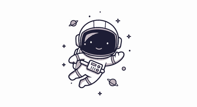 Cute Cartoon Astronaut Floating in Space with Smiling Face.