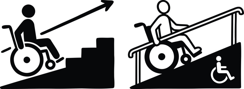 Hand drawn doodle style wheelchair accessibility ramp and stairs vector illustration representing overcoming obstacles, disabled mobility access, and physical inclusion in public spaces.