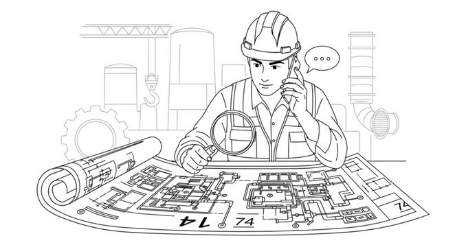 Engineer Discussing Blueprints Over Phone.