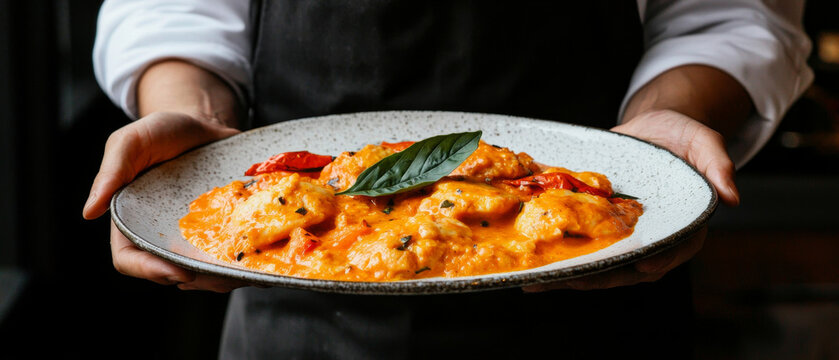 Chef's hands present a plate of creamy gnocchi-style pasta in rich orange sauce, garnished with fresh basil and roasted peppers