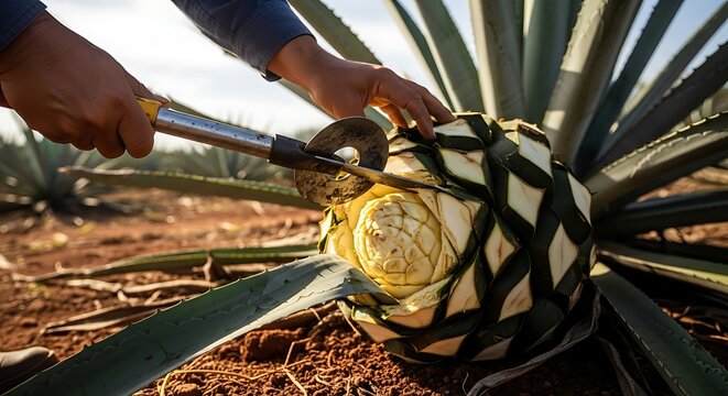 Man harvesting agave plant for tequila production in Mexico field