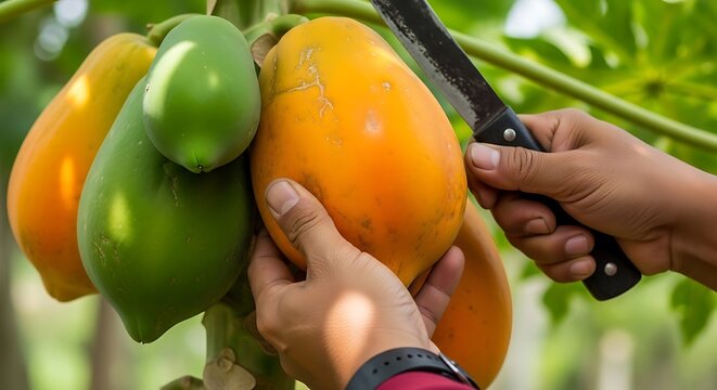 Hands cutting papaya from tree with knife in garden outdoor