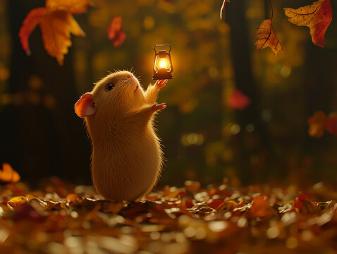 Cute fluffy animal holds a glowing lantern amidst falling autumn leaves, creating a warm, enchanting scene
