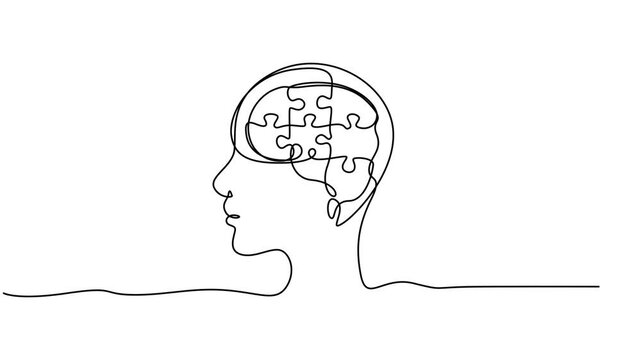 head puzzle piece continuous one line drawing animation, Puzzle pieces in one continuous line drawing animation inside human head. Problem solving and creativity concept. Full length one line art anim
