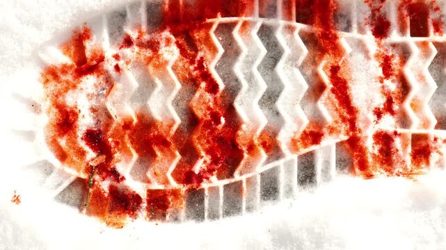 Bloody shoe print in snow with detailed tread pattern, forensic crime scene evidence