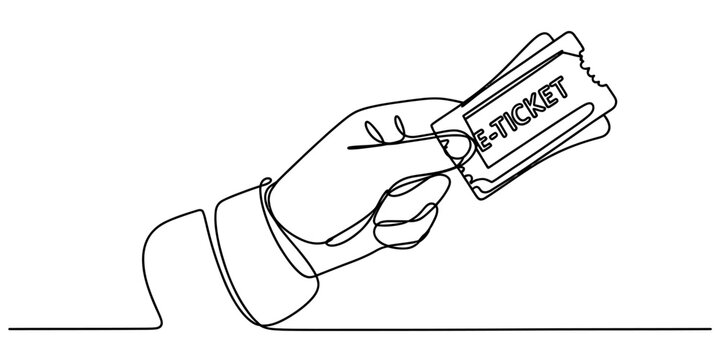 A continuous line drawing of a hand holding an electronic ticket for travel or event admission