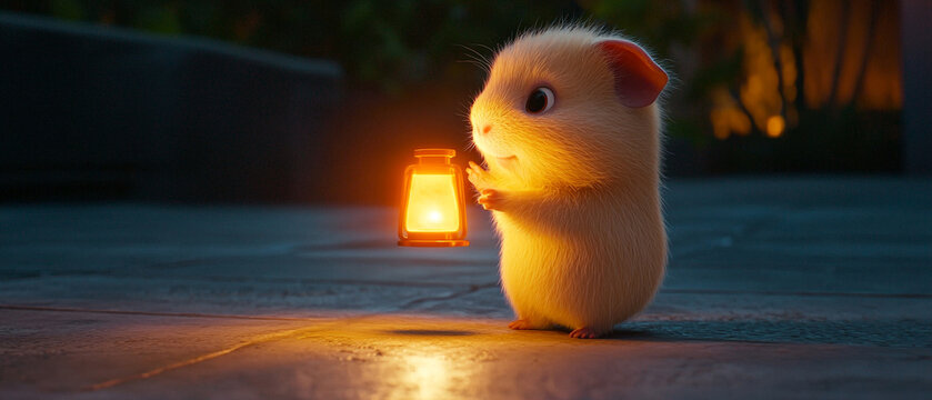 A cute, fluffy creature stands in the dark, holding a glowing orange lantern Its fur and the ground are softly illuminated by the warm light