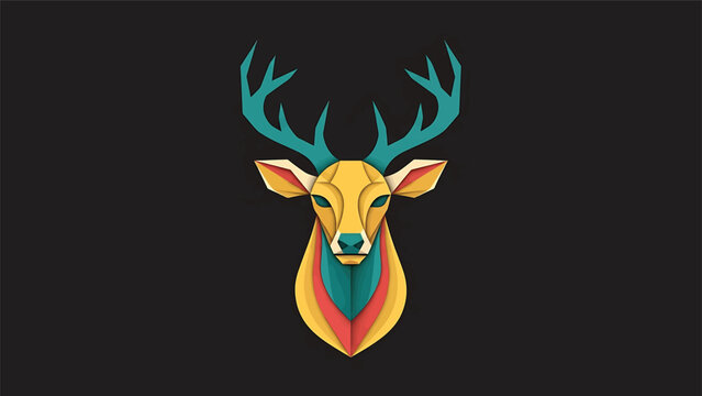 Colorful Geometric Deer Head Portrait on Dark Background.