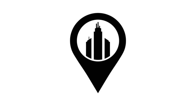 Black location pin icon with city.