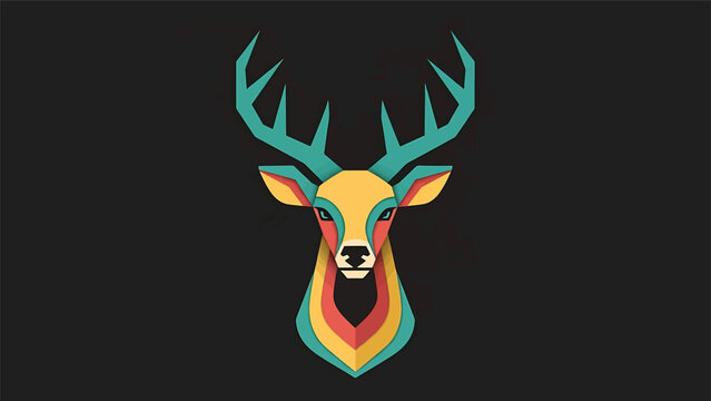 Colorful Geometric Deer Head with Large Antlers on Black Background.