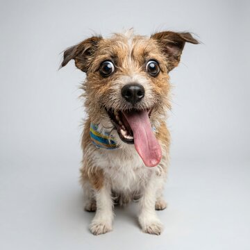 Funny Scruffy Terrier Dog with Tongue Out on White Background