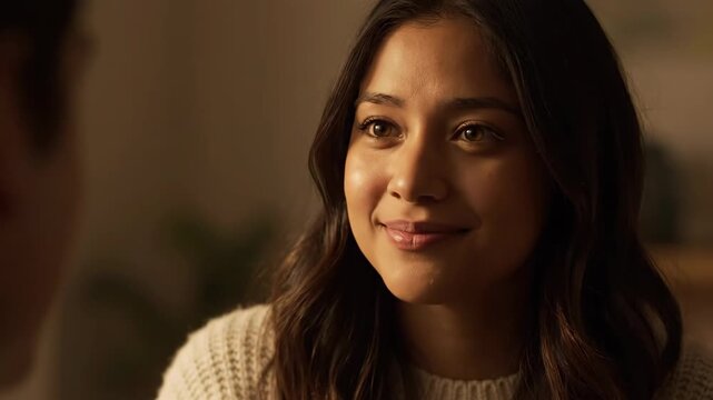 Close-Up Lifestyle Video of Woman Smiling Softly While Listening &ndash; Authentic Emotion, Warm Lighting and Natural Human Connection Concept for Commercial Use (4K)
