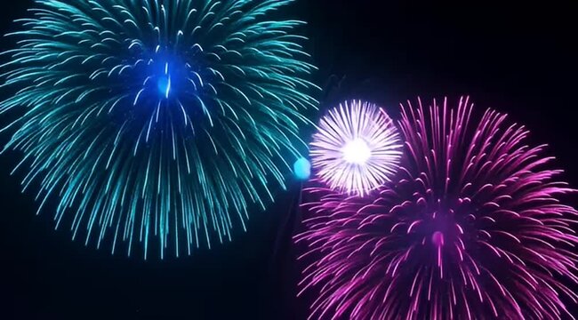 Colorful fireworks display, vibrant pyrotechnic explosions, festive holiday celebration