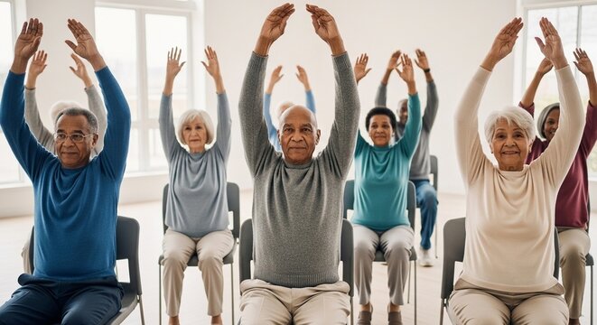 Diverse Group of Seniors Participating in Gentle Chair Yoga Class