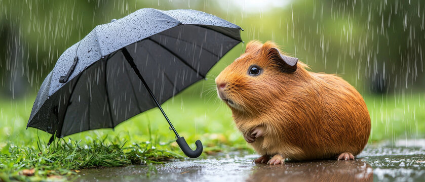 Adorable brown guinea pig sheltered by a tiny black umbrella in a gentle rain shower on green grass and wet ground
