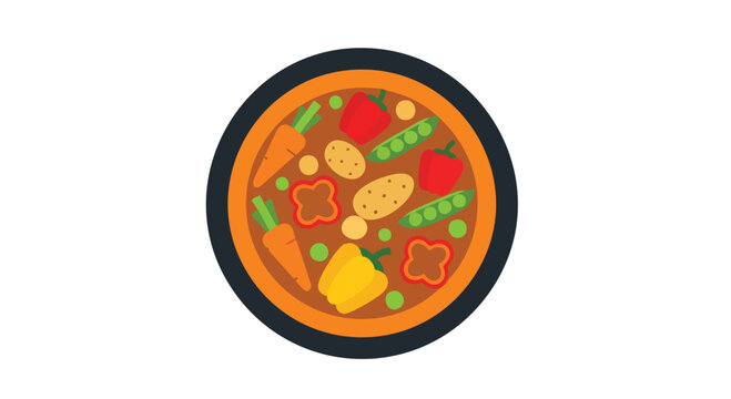A flat-lay illustration of a vegetable stew in a circular dish, showcasing carrots, peppers, potatoes, peas, and green herbs
